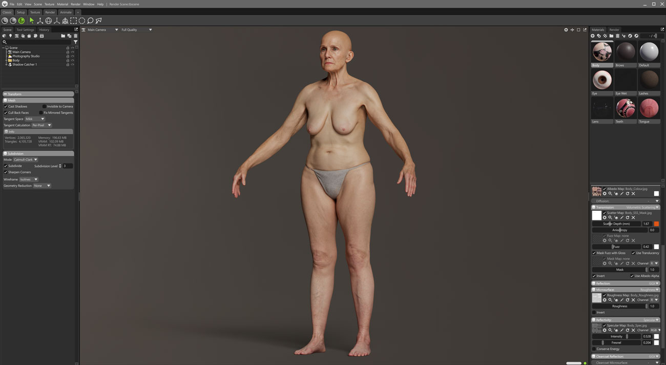 Marmoset Toolbag real-time render of an older female 3D body scan with PBR materials applied